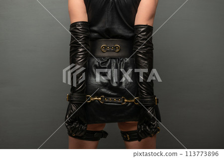 Beautiful young woman in a leather dress and bondage set posing back Beautiful young woman in a leather dress and bondage set posing back 113773896