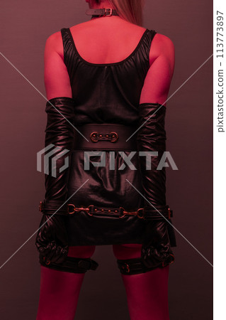 Beautiful young woman in a leather dress and bondage set posing back on red light backgound Beautiful young woman in a leather dress and bondage set posing back on red light backgound 113773897