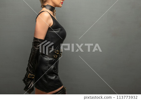 Beautiful young woman in a leather dress and bondage set posing Beautiful young woman in a leather dress and bondage set posing 113773932