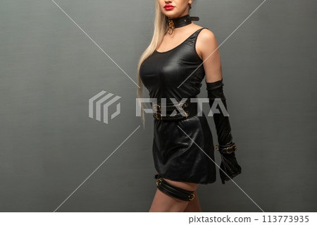 Beautiful young woman in a leather dress and bondage set posing 113773935