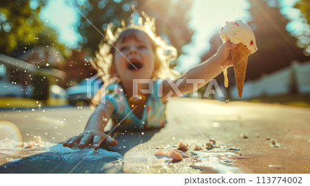 A child reaching for ice cream that slipped out of its  hand 113774002