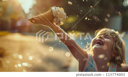 A child reaching for ice cream that slipped out of its  hand 113774003