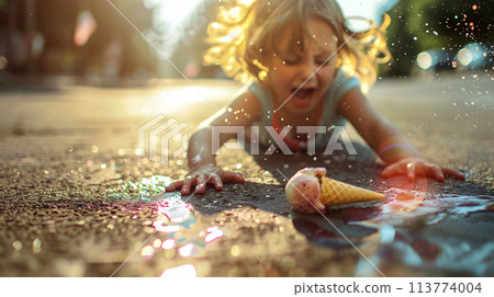 A child reaching for ice cream that slipped out of its  hand 113774004