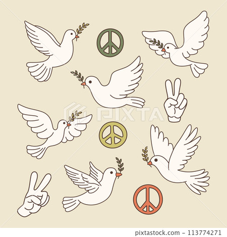 Symbols of Peace - Hand Gesture, Dove, Olive Branch Icon Collection. Pigeon Bird Set, Flat Vector Illustration 113774271