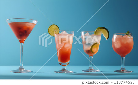 Glasses of cocktails with ice, mint and lime on blue background. Generative AI 113774553