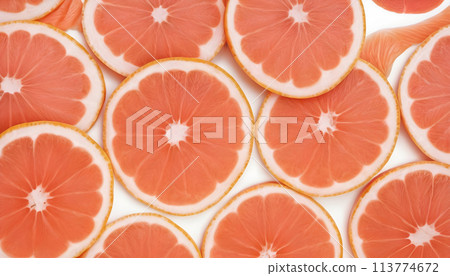 Grapefruit slices isolated on white background. Top view. Flat lay pattern. Generative AI Grapefruit slices isolated on white background. Top view. Flat lay pattern. Generative AI 113774672