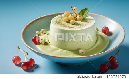 Green tea panna cotta with berries on a blue background. Generative AI 113774673