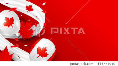 Canada day 1st of july banner design of balloons and maple leaves with white fabric on red background with copy space Vector illustration Canada day 1st of july banner design of balloons and maple leaves with white fabric on red background with copy space Vector illustration 113774940