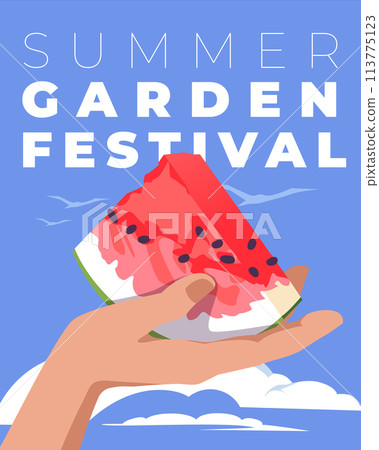 Web banner for summer garden festival. Man's hand with watermelon on a blue background with text. Poster, flyer, offer advertising, flat vector illustration 113775123