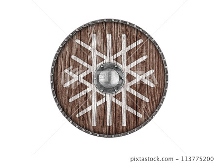 Old wooden round shield decorated with norse symbol of web of wyrd also known as the nore matrix of fate isolated on white background 113775200