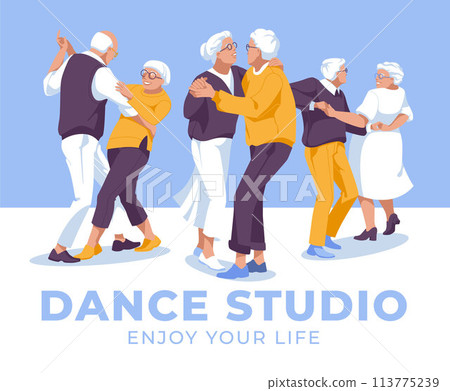 lessons in a dance studio. Retired dancers spend time. Vector flat illustration. Happy pensioners. lessons in a dance studio. Retired dancers spend time. Vector flat illustration. Happy pensioners. 113775239