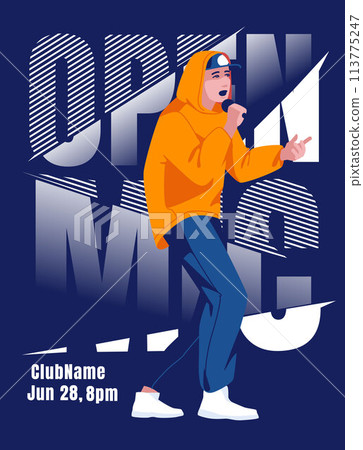 Hip hop or rap battle poster design. Great text and singer. An open mic party. Vector flat illustration 113775247