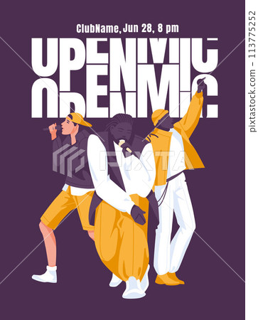 Hip hop or rap battle poster design. Great text design and three singers. An open mic party. Vector flat illustration 113775252