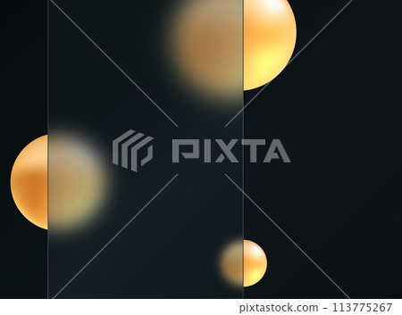 Banner made of transparent frosted glass and golden gradient spheres on a black background. Banner made of transparent frosted glass and golden gradient spheres on a black background. 113775267