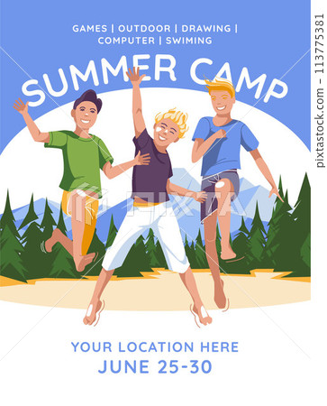 Two boys jump into a mountain lake against the backdrop of a tent forest camp. Children's summer camp banner. Flat vector illustration Two boys jump into a mountain lake against the backdrop of a tent forest camp. Children's summer camp banner. Flat vector illustration 113775381