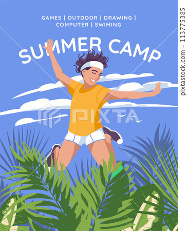 advertisement of a children's summer camp. Happy jumping little girl under palm tree leaves on the blue sky background. Vector flat illustration. Poster, flayer. advertisement of a children's summer camp. Happy jumping little girl under palm tree leaves on the blue sky background. Vector flat illustration. Poster, flayer. 113775385