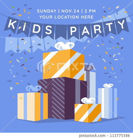 children's birthday greeting, invitation. A set of huge gifts on a blue background. Decoration with flags and confetti. 113775386