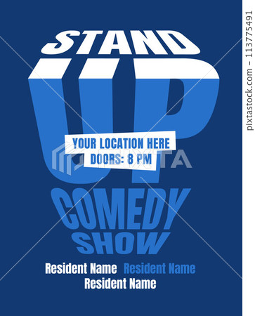 Creative typography club poster. Advertisement of an evening comedy show. Vector flat illustration. 113775491