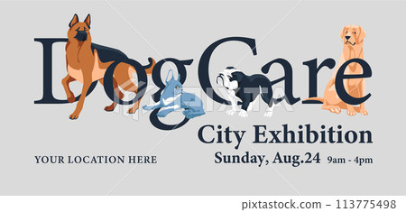 Classic typography text for poster with dogs. Store of zootechnics, veterinary medicine and animal care. Vector flat illustration 113775498