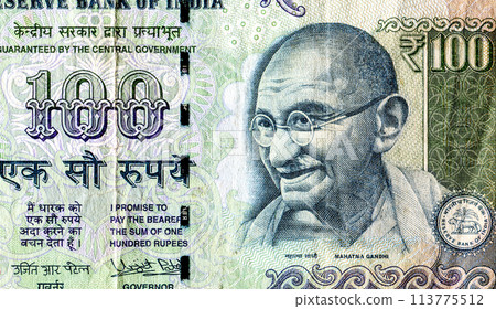 Mahatma Gandhi portrait on indian 100 rupee banknote 113775512