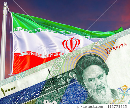 Flag of Iran and Iranian banknote with Ayatollah Khomeini 113775515