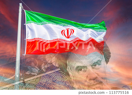 Flag of Iran waving in the wind against the sky 113775516