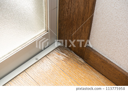 由於雨水侵入和凝結水滴造成的地板損壞、剝落、發黴、損壞和變暗 113775958