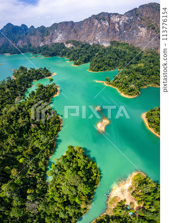 Aerial view of Khao Sok national park, in Cheow lan lake, Surat Thani, Thailand 113776154