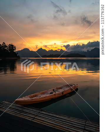 Floating bungalow on the Cheow lan Lake in Khao Sok National Park in Surat Thani, Thailand 113776162