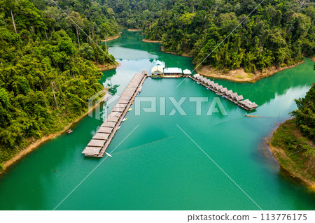 Floating bungalow on the Cheow lan Lake in Khao Sok National Park in Surat Thani, Thailand 113776175