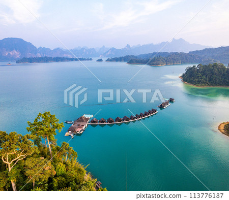 Floating bungalow on the Cheow lan Lake in Khao Sok National Park in Surat Thani, Thailand 113776187