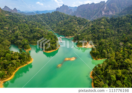 Aerial view of Khao Sok national park, in Cheow lan lake, Surat Thani, Thailand 113776198