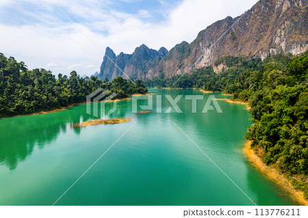 Aerial view of Khao Sok national park, in Cheow lan lake, Surat Thani, Thailand 113776211