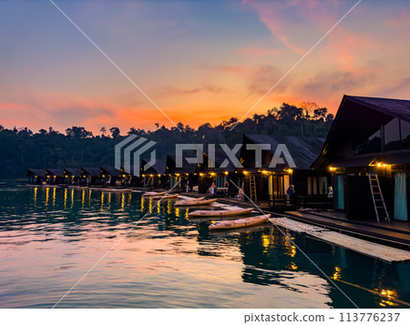 Floating bungalow on the Cheow lan Lake in Khao Sok National Park in Surat Thani, Thailand 113776237