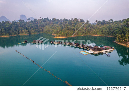 Floating bungalow on the Cheow lan Lake in Khao Sok National Park in Surat Thani, Thailand 113776247