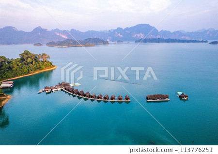 Floating bungalow on the Cheow lan Lake in Khao Sok National Park in Surat Thani, Thailand 113776251