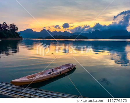 Floating bungalow on the Cheow lan Lake in Khao Sok National Park in Surat Thani, Thailand Floating bungalow on the Cheow lan Lake in Khao Sok National Park in Surat Thani, Thailand 113776273