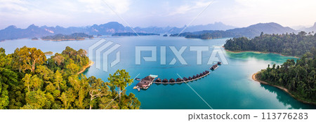Floating bungalow on the Cheow lan Lake in Khao Sok National Park in Surat Thani, Thailand 113776283