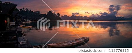 Floating bungalow on the Cheow lan Lake in Khao Sok National Park in Surat Thani, Thailand 113776315