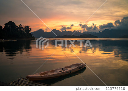 Floating bungalow on the Cheow lan Lake in Khao Sok National Park in Surat Thani, Thailand 113776318