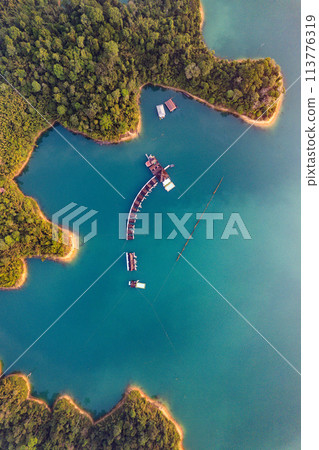 Floating bungalow on the Cheow lan Lake in Khao Sok National Park in Surat Thani, Thailand 113776319