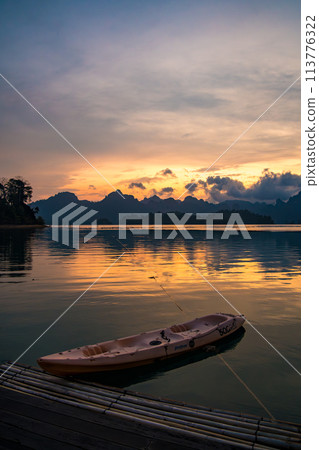 Floating bungalow on the Cheow lan Lake in Khao Sok National Park in Surat Thani, Thailand 113776322