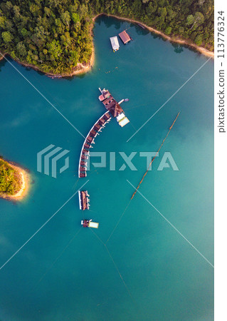Floating bungalow on the Cheow lan Lake in Khao Sok National Park in Surat Thani, Thailand 113776324