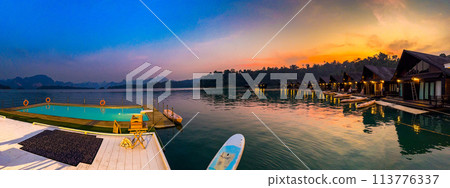 Floating bungalow on the Cheow lan Lake in Khao Sok National Park in Surat Thani, Thailand 113776337