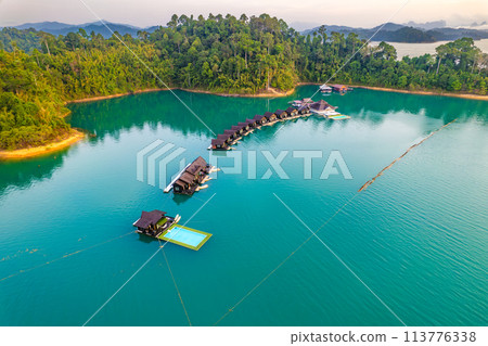 Floating bungalow on the Cheow lan Lake in Khao Sok National Park in Surat Thani, Thailand 113776338