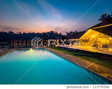 Floating bungalow on the Cheow lan Lake in Khao Sok National Park in Surat Thani, Thailand 113776388