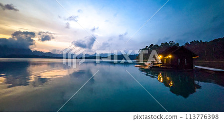 Floating bungalow on the Cheow lan Lake in Khao Sok National Park in Surat Thani, Thailand 113776398
