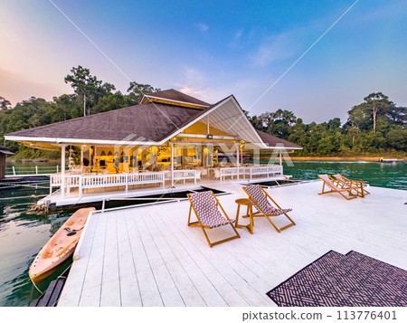 Floating bungalow on the Cheow lan Lake in Khao Sok National Park in Surat Thani, Thailand 113776401