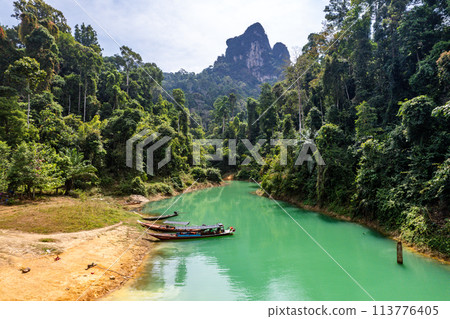 Aerial view of Khao Sok national park, in Cheow lan lake, Surat Thani, Thailand 113776405