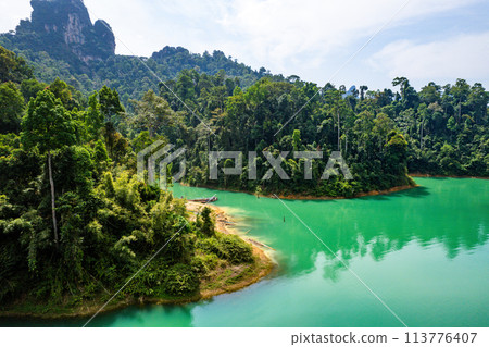 Aerial view of Khao Sok national park, in Cheow lan lake, Surat Thani, Thailand 113776407